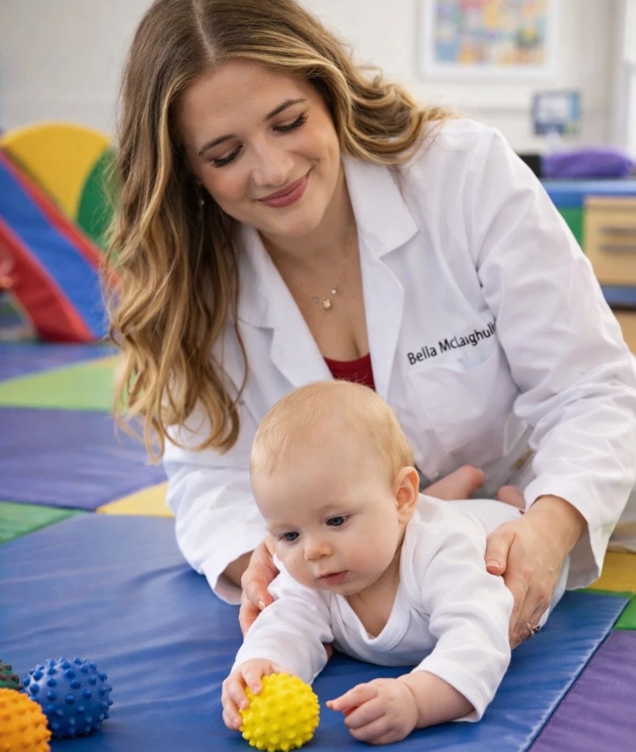Therapist Bella McLaughlin helping a baby during tummy time