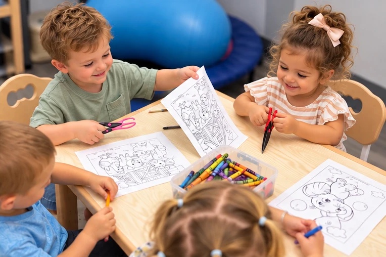 Preschoolers coloring and cutting at a table