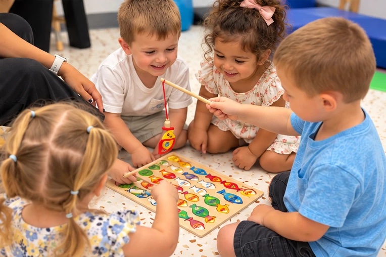 Kids playing a fishing game