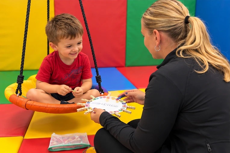 Child on a therapy swing working with a therapist